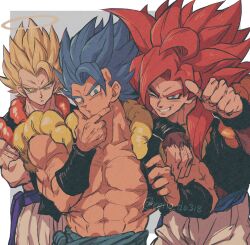 Rule 34 | 3boys, abs, absurdres, arm on another&#039;s shoulder, artist name, biceps, black vest, blonde hair, blue eyes, blue hair, blue sash, closed mouth, collarbone, crossed arms, dragon ball, dragon ball gt, dragon ball super, dragonball z, frown, gogeta, green eyes, grey background, grin, halo, hand on own chin, hand up, highres, looking at viewer, looking away, male focus, metamoran vest, multiple boys, multiple persona, muscular, one eye closed, open clothes, open vest, pants, pectorals, purple sash, red hair, relio db318, sash, simple background, smile, spiked hair, super saiyan, super saiyan 1, super saiyan 4, super saiyan blue, teeth, twitter username, two-tone background, upper body, v-shaped eyebrows, veins, vest, white background, white pants