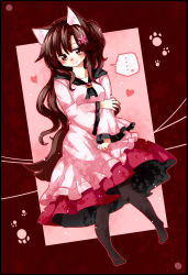 Rule 34 | ..., absurdres, animal ears, black thighhighs, blush, breasts, brooch, brown hair, collarbone, dress, flower, hair flower, hair ornament, heart, highres, imaizumi kagerou, jewelry, long sleeves, looking at viewer, red eyes, solo, speech bubble, tail, thighhighs, totoharu (kujirai minato), touhou, wide sleeves, wolf ears, wolf tail