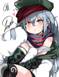 Rule 34 | 1girl, blush, commentary, g11 (girls&#039; frontline), girls&#039; frontline, grey hair, hat, heart, highres, jacket, long hair, long sleeves, hugging object, orange eyes, parted lips, pillow, pillow hug, simple background, solo, tosyeo, white background