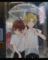 Rule 34 | 2boys, ahoge, bag, black pants, blonde hair, clenched teeth, closed mouth, clothes pull, ear piercing, earrings, flower, green eyes, hair between eyes, highres, holding, holding umbrella, jewelry, letterboxed, male focus, multiple boys, original, outdoors, pants, piercing, pillow (nutsfool), pink flower, pulling at clothes, rain, red hair, school uniform, see-through, shirt pull, short sleeves, spiked hair, teeth, transparent, transparent umbrella, umbrella, wet, wet clothes, yellow eyes