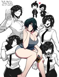 Rule 34 | 1girl, absurdres, aneurysm ax, beer can, beer mug, black hair, black jacket, black necktie, black pants, blood, blood on clothes, blood on face, breasts, camisole, can, chainsaw man, cleavage, collared shirt, cup, drink can, eyepatch, formal, grey camisole, hand on own face, hayakawa aki, highres, himeno (chainsaw man), holding, holding can, jacket, large breasts, looking at viewer, mug, necktie, no arms, nosebleed, off shoulder, pants, shirt, shirt partially tucked in, shirt tucked in, short hair, simple background, smile, stretching, suit, suit jacket, thighs, topknot, white background, white shirt