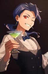 Rule 34 | bartender, black background, blue bow, blue bowtie, blue hair, bow, bowtie, child, cocktail, cocktail glass, collared shirt, cu chulainn (fate), cup, drinking glass, earrings, fate/grand order, fate (series), highres, jewelry, long sleeves, male focus, one eye closed, ponytail, red eyes, setanta (fate), shirt, simple background, smile, solo, upper body, wagaya43, waistcoat, white background