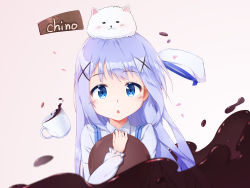 Rule 34 | 1girl, :o, angora rabbit, animal, animal on head, bad id, bad pixiv id, blouse, blue eyes, blue hair, blue vest, blush, character name, chestnut mouth, coffee, coffee beans, coffee cup, coffeiz p, collared shirt, cup, disposable cup, fleur de lapin uniform, gochuumon wa usagi desu ka?, gradient background, hair ornament, hairclip, hat, highres, holding, holding tray, kafuu chino, light blue hair, long hair, long sleeves, looking at viewer, on head, open mouth, petals, rabbit, rabbit house uniform, rabbit on head, shirt, sidelocks, solo, spill, tippy (gochiusa), tray, two-tone background, uniform, unworn hat, unworn headwear, upper body, vest, white hat, white shirt, wing collar, x hair ornament