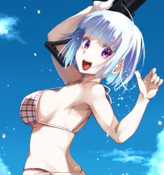 Rule 34 | 1girl, :d, arm up, bikini, blue hair, blue sky, breasts, brown bikini, cloud, commentary request, day, fnc (upotte!!), gun, hand up, holding, holding gun, holding weapon, looking at viewer, looking back, medium breasts, nail polish, name connection, object namesake, open mouth, outdoors, pink nails, plaid, plaid bikini, purple eyes, sky, smile, solo, swimsuit, teeth, tennouji kitsune, upotte!!, upper teeth only, weapon, weapon request