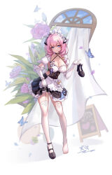 Rule 34 | 1girl, animal, black dress, black footwear, blue eyes, blue flower, blue sky, breasts, bug, butterfly, cleavage, closed mouth, cloud, cloudy sky, collarbone, commentary request, curtains, dress, elbow gloves, elysia (honkai impact), flower, frilled dress, frilled gloves, frills, gloves, honkai (series), honkai impact 3rd, horns, insect, long hair, looking at viewer, medium breasts, petals, pink flower, pink hair, pink rose, pleated dress, puffy short sleeves, puffy sleeves, rose, shoes, short sleeves, signature, simple background, single shoe, sky, smile, solo, table, thighhighs, unworn shoes, white background, white gloves, white thighhighs, window, yelan xing xuan