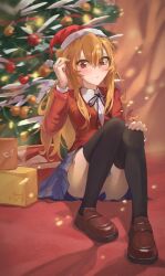 Rule 34 | 1girl, :&lt;, absurdres, aisaka taiga, bad id, bad pixiv id, black ribbon, black thighhighs, blazer, blue skirt, blurry, blurry background, blush, breasts, brown footwear, brown hair, chinese commentary, christmas, christmas ornaments, christmas tree, commentary, dress shirt, feng zhe (user jnxf3524), film grain, full body, fur-trimmed headwear, fur trim, hair between eyes, hand on own knee, hand up, hat, highres, jacket, knees up, loafers, long hair, long sleeves, neck ribbon, panties, pantyshot, parted lips, pigeon-toed, pink panties, pom pom (clothes), red eyes, red hat, red jacket, ribbon, santa hat, scratching head, shirt, shoes, sitting, skirt, small breasts, solo, thighhighs, toradora!, tsundere, underwear, v-shaped eyebrows, white shirt