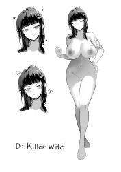 Rule 34 | !, 1girl, bar censor, barcode, barcode tattoo, blunt bangs, blush, breast tattoo, breasts, butterfly tattoo, censored, character name, cleft of venus, d (killer wife) (nikke), d (nikke), goddess of victory: nikke, hair ornament, hairclip, heart, highres, large breasts, long hair, looking at viewer, looking to the side, masaki nanaya, multiple views, nipples, nude, official alternate costume, pussy, tattoo