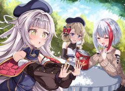 Rule 34 | + +, 3girls, acchii (akina), admiral graf spee (azur lane), admiral graf spee (girl&#039;s sunday) (azur lane), admiral graf spee (peaceful daily life) (azur lane), azur lane, bag, blue eyes, bugles, bugles (food), bugles on fingers, commentary request, multiple girls, official alternate costume, open bag, open mouth, outdoors, sitting, snack, sparkling eyes, sweater, table, yellow eyes, z23 (azur lane), z46 (azur lane)