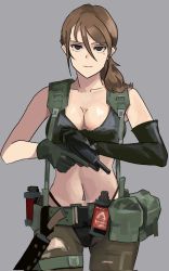 Rule 34 | 1girl, asymmetrical gloves, bikini, black bikini, black eyes, black gloves, breasts, brown eyes, brown hair, cleavage, gloves, green gloves, grey background, gun, handgun, harness, highres, holding, holding gun, holding weapon, long hair, looking at viewer, metal gear (series), metal gear solid v: the phantom pain, mismatched gloves, mole, mole under eye, navel, ponytail, quiet (metal gear), simple background, solo, swimsuit, trigger discipline, wani (perfect han), weapon