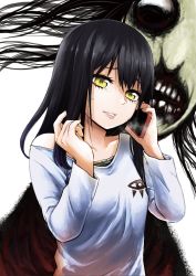 Rule 34 | 1girl, 1other, black hair, cellphone, ghost, hair between eyes, highres, izumi (toubun kata), lips, long hair, mieruko-chan, monster, off shoulder, official art, parted lips, phone, scared, smartphone, solo focus, tears, upper body, yellow eyes, yotsuya miko