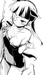 Rule 34 | 1girl, animal ears, bare shoulders, blush, breasts, censored, eyepatch, fellatio, greyscale, long hair, medium breasts, monochrome, mozu (peth), nipple slip, nipples, off shoulder, oral, penis, sakamoto mio, saliva, saliva trail, solo focus, strike witches, tongue, trembling, world witches series