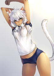Rule 34 | 10s, 1girl, animal ears, arms behind head, arms up, buruma, cameltoe, cat ears, cat girl, cat tail, facial mark, female focus, final fantasy, final fantasy xiv, gym uniform, low twintails, makimura shunsuke, messy hair, miqo&#039;te, short hair, slit pupils, solo, stretching, tail, thighs, twintails, white hair, y&#039;shtola rhul