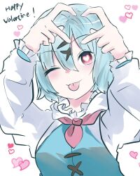 Rule 34 | 1girl, arms up, blue hair, commentary request, darkness 666666, english text, hair ornament, happy valentine, heart, heart-shaped pupils, heart hands, highres, long sleeves, looking at viewer, one eye closed, short hair, simple background, solo, symbol-shaped pupils, tatara kogasa, tongue, tongue out, touhou, upper body, white background, x hair ornament