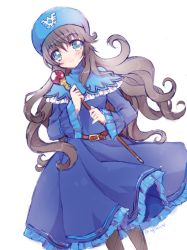 Rule 34 | 1girl, alternate color, blush, breasts, closed mouth, commentary request, curly hair, dragon quest, dragon quest ii, dress, hat, hood, hood up, kichijou agata, long hair, looking at viewer, princess, princess of moonbrook, robe, solo, staff, weapon
