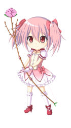 Rule 34 | 10s, 1girl, bow, bow (weapon), chibi, choker, gloves, hair bow, highres, kaname madoka, kuena, magical girl, mahou shoujo madoka magica, mahou shoujo madoka magica (anime), pink eyes, pink hair, short twintails, simple background, skirt, solo, standing, twintails, weapon, white background