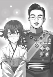 Rule 34 | 10s, 1boy, 1girl, ^ ^, bad id, bad pixiv id, bare shoulders, closed eyes, detached sleeves, emperor hirohito, closed eyes, facial hair, glasses, greyscale, hand on another&#039;s shoulder, headgear, hiei (kancolle), hirohito, japanese clothes, kantai collection, medal, military, military uniform, monochrome, mustache, nontraditional miko, real life, round eyewear, semi-rimless eyewear, short hair, smile, sweat, takemori shintarou, under-rim eyewear, uniform