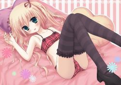 Rule 34 | 1girl, :d, bed, bed sheet, black footwear, black thighhighs, blonde hair, blush, bra, collarbone, flat chest, frilled thighhighs, frills, green eyes, heart, heart-shaped pillow, long hair, looking at viewer, lying, maekawa yuho, on back, open mouth, panties, pillow, plaid, plaid bra, plaid panties, purple thighhighs, shoes, smile, striped background, striped clothes, striped thighhighs, thighhighs, underwear, underwear only, vertical stripes