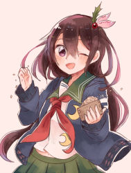 Rule 34 | 10s, 1girl, ;d, beans, blue jacket, box, brown eyes, brown hair, crescent, crescent pin, green skirt, holly, itomugi-kun, jacket, kantai collection, kisaragi (kancolle), kisaragi kai ni (kancolle), long hair, looking at viewer, mamemaki, masu, neckerchief, one eye closed, open mouth, pleated skirt, red neckerchief, school uniform, serafuku, setsubun, simple background, skirt, smile, solo, white background