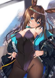 Rule 34 | 1girl, amiya (arknights), animal ears, arknights, bare shoulders, black jacket, black leotard, blue eyes, breasts, brown hair, brown pantyhose, cameltoe, choker, cleavage, commentary request, covered navel, cowboy shot, fake animal ears, groin, head tilt, highres, jacket, jewelry, large breasts, leotard, long hair, long sleeves, looking at viewer, off shoulder, open clothes, open jacket, pantyhose, parted lips, playboy bunny, puffy sleeves, rabbit ears, rabbit girl, ring, solo, togo (korlsj1235)