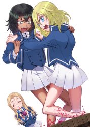 Rule 34 | 10s, 3girls, alcohol, andou (girls und panzer), angry, barefoot, bc freedom military uniform, black hair, blonde hair, blouse, blue eyes, buttons, closed eyes, cup, dark-skinned female, dark skin, double-breasted, drinking, drinking glass, girls und panzer, grape stomping, green eyes, high collar, jacket, legs, long sleeves, marie (girls und panzer), messy hair, miniskirt, multiple girls, open mouth, oshida (girls und panzer), pleated skirt, shirt, shutou (haru nenne), simple background, skirt, standing, sweatdrop, v-shaped eyebrows, white background, white shirt, wine, wine glass, yuri