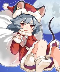 Rule 34 | 1girl, alternate costume, animal ear fluff, animal ears, bloomers, bobby socks, commentary request, dress, full moon, fur trim, grey hair, hat, highres, holding, holding sack, jitome, long sleeves, looking at viewer, moon, mouse ears, mouse girl, mouse tail, nazrin, no shoes, open mouth, red dress, red eyes, red hat, sack, santa hat, short hair, socks, solo, star (sky), tail, take no ko (4919400), thick eyebrows, touhou, underwear, white socks