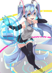 Rule 34 | 1girl, 39, black thighhighs, blue eyes, blue hair, blue necktie, elbow gloves, full body, gloves, hatsune miku, headset, highres, long hair, looking at viewer, matching hair/eyes, necktie, open mouth, reiga (act000), skirt, solo, thighhighs, twintails, very long hair, vocaloid