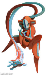 Rule 34 | bluekomadori, commentary, creature, creatures (company), deoxys, deoxys (normal), english commentary, full body, game freak, gen 3 pokemon, highres, mythical pokemon, nintendo, no humans, pokemon, pokemon (creature), simple background, solo, tumblr username, watermark, web address, white background