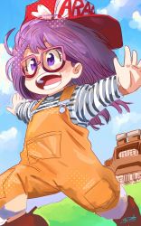 Rule 34 | 1girl, :d, baseball cap, blue sky, boots, brown footwear, day, dr. slump, glasses, halftone, hat, highres, norimaki arale, open mouth, outdoors, outstretched arms, purple-framed eyewear, purple eyes, purple hair, red hat, running, ryusei hashida, shirt, sky, smile, solo, spread arms, striped clothes, striped shirt, yellow overalls