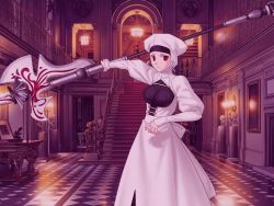 Rule 34 | 00s, 1girl, axe, chandelier, drawing (object), dress, fate/hollow ataraxia, fate/stay night, fate (series), framed breasts, game cg, hood, jpeg artifacts, lamp, leysritt (fate), long dress, painting (object), picture frame, red eyes, sella (fate), solo, stairs, statue, table, takeuchi takashi, tile floor, tiles, warrior, weapon