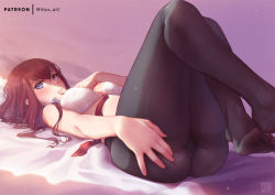 Rule 34 | 1girl, artist logo, artist name, ass, bad id, bad pixiv id, bed, bed sheet, black pantyhose, blue eyes, blush, bra, breasts, brown hair, commentary request, crossed legs, dorsiflexion, feet, finger to mouth, gusset, hair between eyes, hand on own ass, leg up, legs, legs together, lingerie, looking at viewer, lying, makise kurisu, medium breasts, messy hair, mitsu (mitsu art), necktie, no shoes, on back, panties, pantyhose, patreon username, red necktie, solo, steins;gate, thighs, toes, underwear, white bra