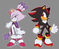 Rule 34 | 1boy, 1girl, animal ears, animal nose, arm at side, black fur, black hair, blaze the cat, blush, body fur, boots, cat ears, cat girl, cat tail, clenched hand, clenched hands, closed mouth, coat, eye contact, flat chest, forehead jewel, full body, fur-trimmed footwear, fur-trimmed gloves, fur trim, furry, furry female, furry male, gem, gloves, grey background, hair tie, half-closed eyes, hand up, high heels, highres, light blush, long hair, looking at another, looking to the side, multicolored footwear, multicolored hair, outline, pants, pink footwear, pink outline, purple coat, purple fur, purple hair, red eyes, red gemstone, red hair, shadow the hedgehog, shoes, short hair, sideways mouth, simple background, sonic (series), spiked hair, standing, stellarspin, tail, tailcoat, topknot, two-tone fur, two-tone hair, white fur, white gloves, white pants, yellow eyes