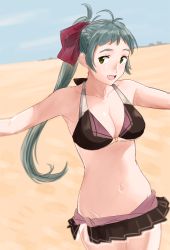 Rule 34 | 10s, 1girl, :d, bikini, bikini skirt, blue hair, blurry, breasts, cleavage, day, depth of field, green eyes, hair ribbon, irako (kancolle), kantai collection, long hair, looking away, medium breasts, microskirt, navel, ojipon, open mouth, outdoors, outstretched arms, pleated skirt, ponytail, ribbon, skirt, smile, solo, swimsuit