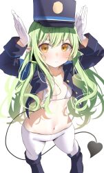 Rule 34 | 1girl, black footwear, black hat, black jacket, black tail, blue archive, blush, bra, breasts, closed mouth, demon tail, from above, gloves, green hair, hat, hikari (blue archive), highres, jacket, long hair, long sleeves, looking at viewer, navel, nidaime (doronbo), open clothes, open jacket, pantyhose, peaked cap, pointy ears, shoes, sidelocks, simple background, small breasts, solo, tail, underwear, white background, white bra, white gloves, white pantyhose, yellow eyes