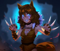 Rule 34 | 1girl, animal ears, blue background, blue eyes, blush, breasts, brooke (mleth), brown hair, choker, claw (weapon), claw pose, commentary, freckles, fur collar, halloween, halloween costume, highres, jewelry, kemonomimi mode, long hair, looking at viewer, mleth, necklace, original, small breasts, solo, standing, tail, tooth necklace, weapon