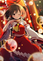 Rule 34 | 1girl, ;), ascot, between breasts, blush, bow, breasts, brown eyes, brown hair, closed mouth, cowboy shot, detached sleeves, dutch angle, frilled bow, frilled hair tubes, frilled shirt collar, frilled skirt, frills, gohei, hair bow, hair tubes, hakurei reimu, holding, large bow, light, long sleeves, looking at viewer, medium skirt, ofuda, one eye closed, outdoors, red bow, red ribbon, red shirt, ribbon, ribbon-trimmed sleeves, ribbon trim, shirt, short hair, sidelocks, skirt, smile, solo, standing, tareme, torii, touhou, transparent, wide sleeves, yellow ascot, yin yang, yuuka nonoko