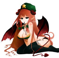 Rule 34 | 1girl, alternate costume, arano oki, ass, bat wings, black panties, black thighhighs, bow, braid, breasts, cleavage, demon tail, demon wings, female focus, green eyes, hair bow, hat, heart, heart tattoo, hong meiling, horns, kneeling, large breasts, long hair, mouth hold, panties, pointy ears, red hair, saba miso, simple background, sitting, skin heart, solo, star (symbol), tail, tattoo, thighhighs, touhou, twin braids, underwear, very long hair, wariza, white background, wings