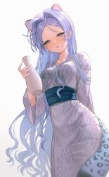 Rule 34 | 1girl, animal ears, arm behind back, blue eyes, blue hair, fymrie, half-closed eyes, hand up, highres, japanese clothes, kimono, long hair, looking at viewer, open mouth, original, solo, standing, tail, white background, yukata