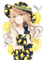 Rule 34 | 1girl, arm across waist, arm up, artist name, black gloves, black pants, black shirt, brown eyes, closed mouth, commentary, green gemstone, food, food print, frilled gloves, frills, fruit, gem, gloves, hat, horiizumi inko, jewelry, lemon, lemon print, lemon slice, light brown hair, looking at viewer, necklace, original, pants, pearl necklace, ring, shirt, simple background, solo, standing, white background