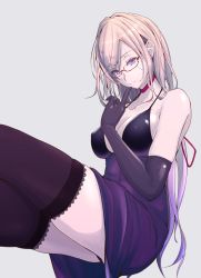 Rule 34 | 1girl, akiyama cz4a, alternate costume, alternate hair color, bare shoulders, bespectacled, blonde hair, breasts, choker, cleavage, collarbone, covered erect nipples, crossed legs, dress, earrings, elbow gloves, eyebrows, eyes visible through hair, finger to mouth, glasses, gloves, gradient hair, grey background, hair over one eye, hair ribbon, half-closed eyes, highres, jewelry, lace, lace-trimmed legwear, lace trim, lips, long hair, looking at viewer, medium breasts, mole, mole under eye, multicolored hair, no headwear, panties, pantyshot, purple dress, purple eyes, purple gloves, purple hair, purple panties, purple thighhighs, red-framed eyewear, ribbon, shiny clothes, shiny skin, short dress, simple background, smile, solo, stud earrings, thighhighs, thighs, touhou, underwear, very long hair, yakumo yukari