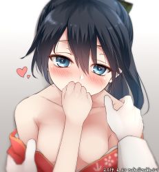 Rule 34 | 1girl, artist name, bare shoulders, black hair, blue eyes, breasts, commentary request, dated, floral print, gradient background, grey background, high ponytail, highres, houshou (kancolle), japanese clothes, kantai collection, kimono, long hair, looking at viewer, nuka (nvkka), off shoulder, one-hour drawing challenge, pink kimono, ponytail, pov, small breasts, solo, solo focus, twitter username, upper body