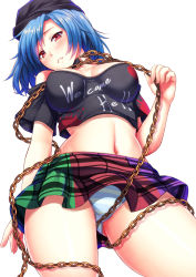 Rule 34 | 1girl, alternate hair color, bare shoulders, blue hair, blush, breasts, chain, clothes writing, collar, ebi 193, female focus, from below, hat, hecatia lapislazuli, hecatia lapislazuli (earth), large breasts, leash, looking at viewer, midriff, multicolored clothes, multicolored skirt, navel, panties, pantyshot, red eyes, shirt, simple background, skirt, solo, striped clothes, striped panties, touhou, underwear, white background