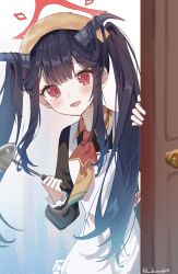 Rule 34 | 1girl, apron, ascot, black dress, black hair, black horns, blue archive, blush, door, dress, fuuka (blue archive), halo, head scarf, highres, holding, holding ladle, horns, ladle, long hair, long sleeves, looking at viewer, luna (luna610), open mouth, red ascot, red eyes, red halo, smile, solo, twitter username, white apron, yellow headwear