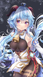 Rule 34 | 1girl, :o, absurdres, ahoge, armpits, bare shoulders, bell, black legwear, blue hair, blush, bodystocking, bodysuit, breasts, chinese knot, crotch, detached sleeves, flower knot, ganyu (genshin impact), genshin impact, gold trim, hanetakyo, highres, horns, long hair, looking at viewer, medium breasts, neck bell, parted lips, pelvic curtain, purple eyes, red rope, rope, sidelocks, snowflakes, solo, standing, tassel, thighlet, thighs, vision (genshin impact), white sleeves
