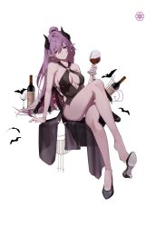 Rule 34 | 1girl, absurdres, ahoge, alcohol, animal, bat (animal), bottle, bu zhengjing de xiao xingxing, chinese commentary, closed mouth, crossed legs, cup, demon girl, demon horns, demon wings, drinking glass, earrings, eyes visible through hair, floral print, hair between eyes, high heels, highres, holding, holding cup, horns, invisible chair, jewelry, long hair, low wings, mini wings, o-ring, original, purple eyes, purple hair, shoe dangle, sitting, torn, torn wings, vampire, wine, wine glass, wings