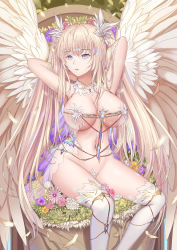Rule 34 | 1girl, absurdres, arms up, bad id, bad pixiv id, blonde hair, blue eyes, breasts, cleavage, crotch plate, feathers, flower, highres, large breasts, long hair, navel, original, parted lips, revealing clothes, rinmmo, see-through, sitting, thighhighs, thighs, very long hair, white thighhighs, white wings, wings