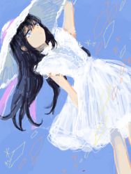 Rule 34 | 1girl, akemi homura, alternate costume, arm at side, arm up, black hair, blue background, blue eyes, commentary request, desutoro, dress, dutch angle, ears visible through hair, half-closed eyes, hat, jitome, legs, long hair, looking to the side, mahou shoujo madoka magica, mahou shoujo madoka magica (anime), mandarin collar, short sleeves, solo, standing, sun hat, sundress, very long hair, white dress, white hat