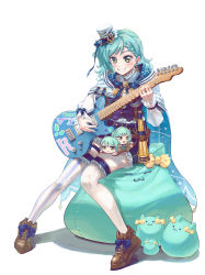 Rule 34 | 1girl, absurdres, bang dream!, blue bow, blue hair, blue skirt, blue thighhighs, blush, boots, bow, brown footwear, character doll, cloak, earrings, green eyes, guitar, hair behind ear, hat, highres, hikawa hina, hoguma, holding, holding instrument, instrument, jewelry, mini hat, parted lips, sitting, skindentation, skirt, smile, solo, stuffed toy, thighhighs, white cloak, white hat