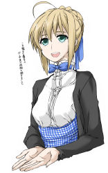 Rule 34 | 1girl, ahoge, alternate costume, artoria pendragon (all), artoria pendragon (fate), blonde hair, braid, commentary, cropped torso, elf (stroll in the woods), fate (series), french braid, graphite (medium), green eyes, hair between eyes, highres, kobeya uniform, open mouth, saber (fate), short hair, smile, solo, traditional media, translation request, white background