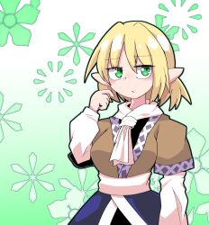 Rule 34 | 1girl, arm warmers, black outline, black shirt, blonde hair, blush, breasts, brown shirt, closed mouth, commentary, cowboy shot, expressionless, gradient background, green background, green eyes, highres, looking to the side, medium breasts, mizuhashi parsee, outline, pointy ears, sash, scarf, shirt, short hair, solo, terutema, touhou, undershirt, white sash, white scarf