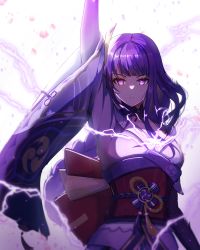 Rule 34 | 1girl, arm up, armor, braid, breasts, bridal gauntlets, bright pupils, choker, commentary request, electricity, flower, gao kawa, genshin impact, gradient background, hair flower, hair ornament, highres, human scabbard, japanese clothes, kimono, light particles, long hair, looking at viewer, low-braided long hair, low-tied long hair, medium breasts, mitsudomoe (shape), mole, mole under eye, obi, obiage, obijime, parted lips, print kimono, purple background, purple eyes, purple flower, purple hair, purple kimono, purple rope, raiden shogun, red ribbon, ribbon, ribbon choker, rope, sash, serious, shoulder armor, shrug (clothing), solo, tassel, tomoe (symbol), upper body, very long hair, white background, white pupils, wide sleeves